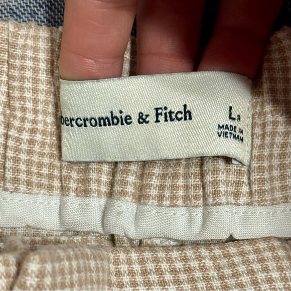 Abercrombie & Fitch Long Linen-blend Pleated Tapered Pants Beige Gingham Size L - Picture 5 of 8
